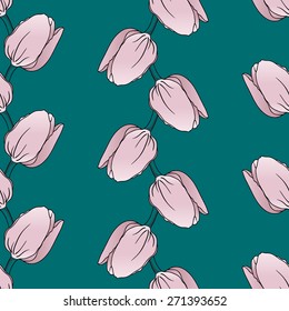 Seamless pattern of pink tulips in opposite direction garlands. Vector illustration.