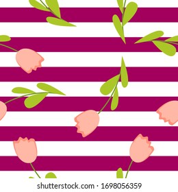 Seamless pattern with pink tulips and purple and white stripes. Spring and summer floral ornament. Flat design. Dress and swimwear. For postcards, scrapbooking, wallpaper, textile and wrapping paper
