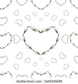 Seamless pattern of pink tulips in the shape of a heart. Vector. Isolated background. Idea for creating a greeting card, invitation, card, Wallpaper. Valentine day, wedding, love. Floral ornament.