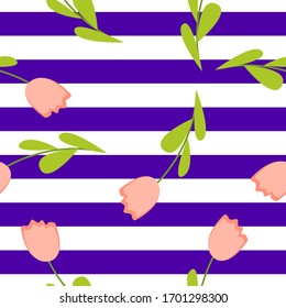 Seamless pattern with pink tulips and violet and white stripes. Spring and summer floral ornament. Flat design. Dress and swimwear. For postcards, scrapbooking, wallpaper, textile and wrapping paper