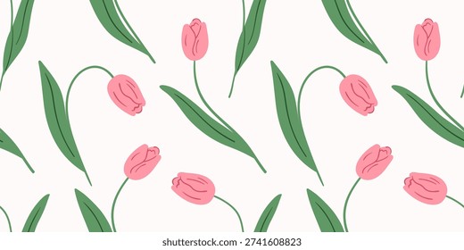 Seamless pattern with pink tulips. Women's Day, Mother's Day, Easter