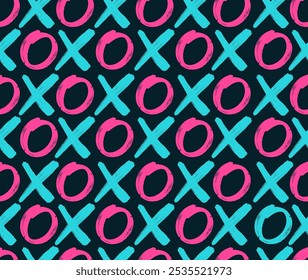 Seamless pattern pink and turquoise hugs and kisses abbreviation. Brush stroke Xoxo black background. Template love relationship Valentines Day design. Vector holidays element illustration.