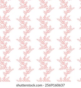 Seamless pattern of pink twigs with leaves on white background for textile fabric, printing, wallpaper, clothes, packaging. Seamless vector pattern with pink foliage
