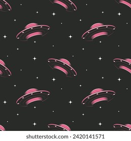 Seamless pattern with pink UFO