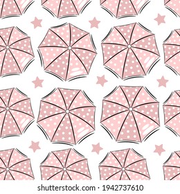 seamless pattern pink umbrella with polka dots on a white background.