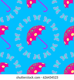 Seamless pattern pink umbrella with yellow butterfly. For design, wallpaper, cover invitation, fabric. Vector background.