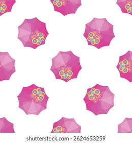 Seamless pattern with pink umbrellas decorated with colorful butterflies, creating a cheerful and vibrant design