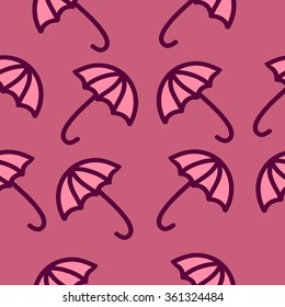 Seamless pattern of pink umbrellas on the violet background. Vector umbrellas background. Umbrellas pattern.