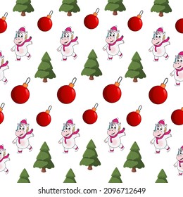 seamless pattern with pink unicorn green christmas trees and red christmas ball