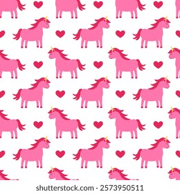 Seamless Pattern with Pink unicorn and heart. Children vector flat illustration.