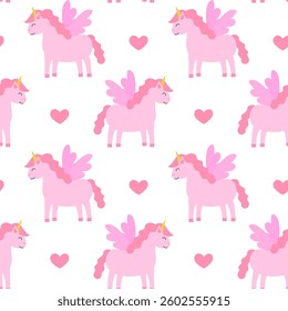 Seamless Pattern, Pink Unicorn Pegasus with hearts. Children Vector Flat Illustration.