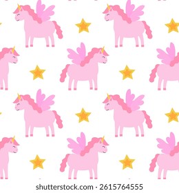 Seamless Pattern, Pink Unicorn Pegasus with stars. Children Vector Flat Illustration.