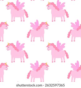 Seamless Pattern, Pink Unicorn Pegasus. Children Vector Flat Illustration.