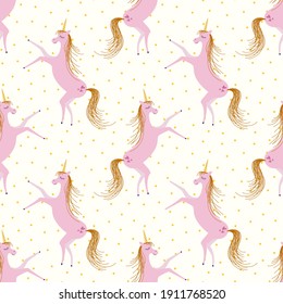 Seamless pattern with pink unicorn. The unicorn reared up.