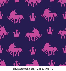 Seamless pattern of pink unicorn silhouette on a blue background.