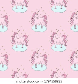 Seamless pattern with pink unicorns, clouds, stars, on pink background.