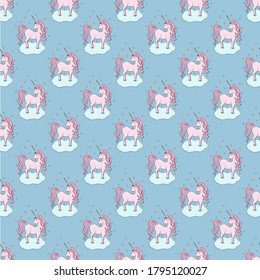 Seamless pattern with pink unicorns, clouds, stars.