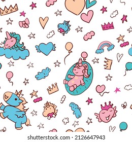 Seamless pattern with pink unicorns with hearts and on the cloud.Set of elements for girls for a children's party.Pattern for children's pastel linen.Pattern on a white background.