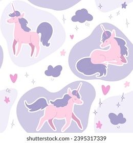 Seamless pattern pink unicorns. Textile, print
