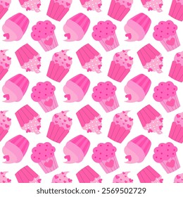 Seamless pattern with Pink Valentine Day Cupcakes. Vector flat illustration.