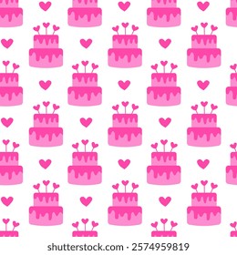 Seamless pattern with Pink Valentine Day Cake and heart. Vector flat illustration.