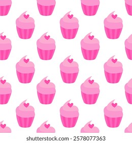 Seamless pattern with Pink Valentine Day Cupcake with heart. Vector flat illustration.