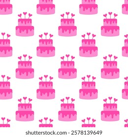 Seamless pattern with Pink Valentine Day Cake and heart toppers. Vector flat illustration.