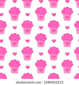 Seamless pattern with Pink Valentine Day Cupcake with hearts. Vector flat illustration.