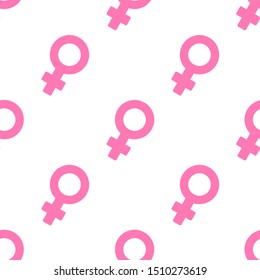 Seamless pattern with pink Venus sign, female sex symbol isolated on white background. Vector wallpaper.	