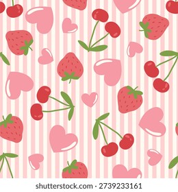 Seamless pattern with pink vertical stripes, sweet strawberries, cherries, and hearts on white background.