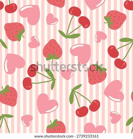 Seamless pattern with pink vertical stripes, sweet strawberries, cherries, and hearts on white background.