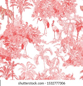 Seamless Pattern Pink Vintage Outline Etching Graphics of Jungle Forest with Tropical Palms Rainforest Exotic Plants with Crane Birds Mountains Monochrome British Textile Design on White Background