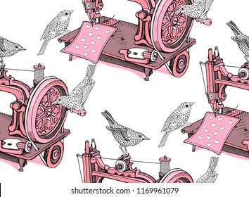 Seamless pattern with a pink Vintage Sewing machine and birds. Wallpaper, Textil, t-shirt composition, hand drawn style print. Vector illustration.