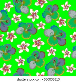 Seamless pattern of pink, violet and green hibiscus floral background. Vector sketch of many pink, violet and green flowers. Hand drawn seamless flower illustration.