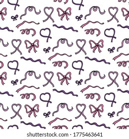 Seamless pattern with pink and violet ribbons on white background for fabric, textile, clothes, tablecloth and other things. Vector image. 