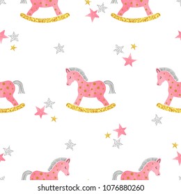 Seamless pattern with pink watercolor rocking horse. Baby shower print.