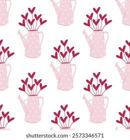 Seamless pattern with pink watering can and hearts. St Valentine's Day print.