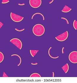 Seamless pattern of pink watermelon slices on violet background 