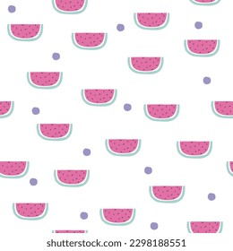 Seamless pattern with pink watermelon slices. Cartoon fruit print. Vector hand drawn illustration.