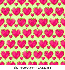 Seamless Pattern With Pink Watermelons In Shape of Heart. Food Valentine Background. Vector Illustration.