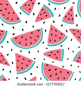 Seamless pattern with pink watermelons and watermelon slices. Hand drawn watermelon pattern on white background. for fabric, drawing labels, print, wallpaper of children's room, fruits background