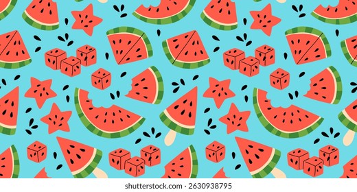 Seamless pattern with pink watermelons and watermelon slices. Hand drawn watermelon pattern on blue background. for fabric, drawing labels, print, wallpaper of children's room, fruits background