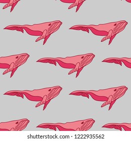 Seamless pattern with pink whale in cartoon style. Vector illustration. For print, textile, bedroom and nursery design.
