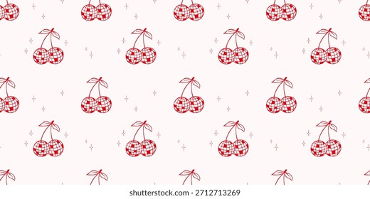 Seamless pattern with pink whimsical disco ball cherry. Hand drawn vector backdrop.