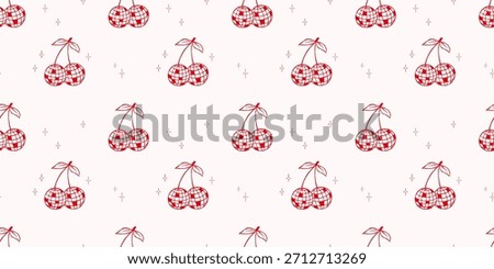 Seamless pattern with pink whimsical disco ball cherry. Hand drawn vector backdrop.