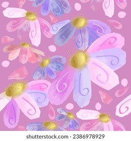 Seamless pattern of pink whimsical flowers with gold centers and dark pink background. Pink flowers background. Vector illustration of watercolor textured abstract art textile or wallpaper