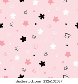 Seamless pattern with pink, white and black flower design in cartoon style, design for print, wallpaper, decoration, fabric, textile. Vector illustration