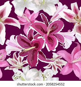Seamless pattern with pink, white and burgundy lilies isolated on maroon background