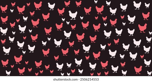 Seamless pattern of pink and white chickens on a black background.