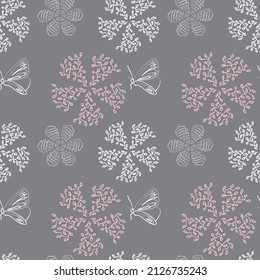 Patrón inmaculado con adornos florales rosas y blancas y mariposas sobre un fondo gris oscuro. Diseño vectorial para tela, textil, papel pintado, impresiones, decoraciones, embalaje.